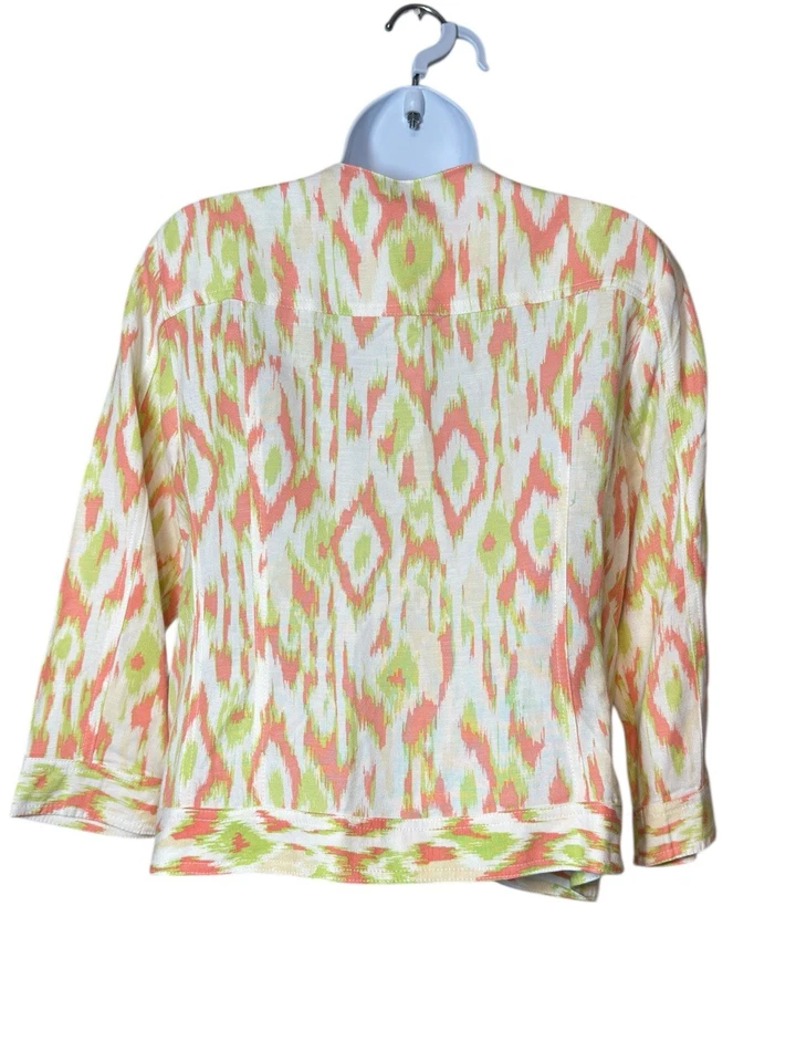 Ruby Rd. Jacket Women's Size 10 Green Pink Print Ruffle Beaded Collar Linen - Image 2 of 4