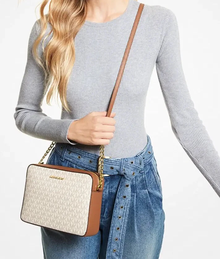 Michael Kors Jet Set Large Printed Logo Crossbody Bag In Vanilla