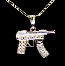 Uzi Machine Gun Cubic Zirconia Pendant Tri Color Gold Plated 20" Figaro Chain  