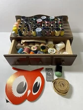 Wood Sewing Box Thread Bobbin Organizer with Drawer Spools Thimble Notions Tape