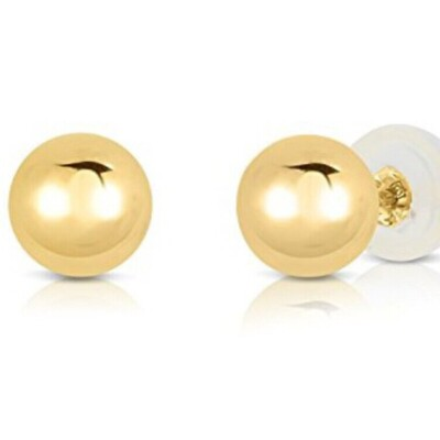 #ad 14K Real Solid Yellow Gold Polished Round Ball Stud Earrings Silicone Push back $85.99
