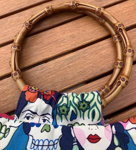 Frida Kahlo Day Of The Dead Sugar Skulls Rockabilly Handbag Bamboo Handles - Picture 10 of 16