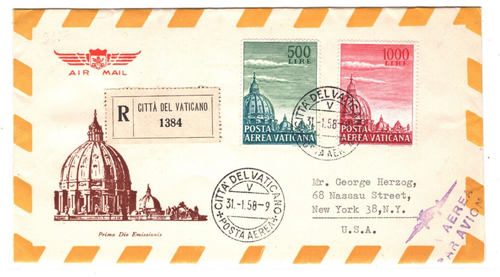VATICAN 1958 FDC Air Mail HIGH VALUES Illustrated First Day Cover USA MA1767 - Picture 2 of 12