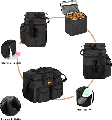 Pet Dog Travel Organizer Bag Set + Collapsible Bowls Black Airline Approved Tote - Picture 3 of 9