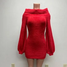 Tularosa Womens Red Balloon Sleeve Turtleneck Bodycon Fuzzy Sweater Dress Small