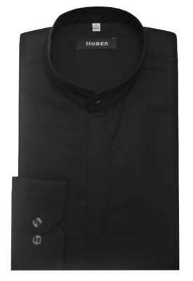 HUBER Herren Stehkragen Hemd schwarz verdeckte Knopfleiste Regular Fit HU-0002