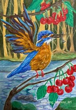 ORIGINAL ACEO KINGFISHER BIRD CHERRY TREE LANDSCAPE PAINTING OOAK ART BY LYOUNG