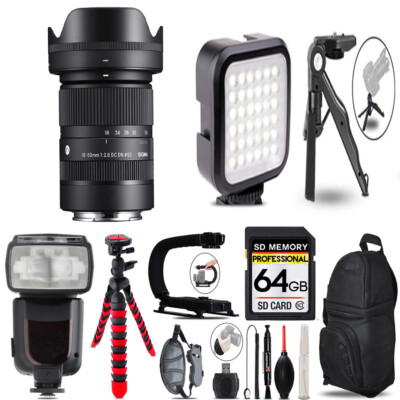 Sigma 18-50mm f/2.8 DC DN Lens for Sony+ LED Light +Tripod-64GB Accessory Bundle