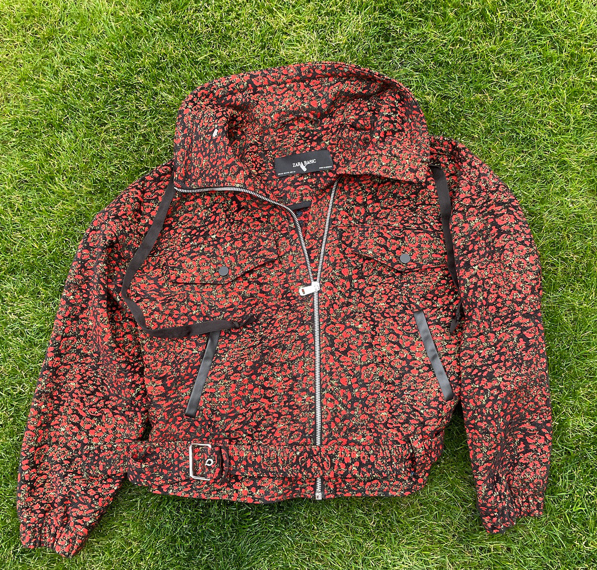 ZARA Jacquard Red Animal Print Moto Bomber Jacket Size XS