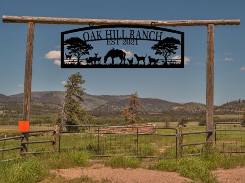 Large Entrance Gate Farm Sign with Horse Deer and Dogs, Entrance Sign, S1401
