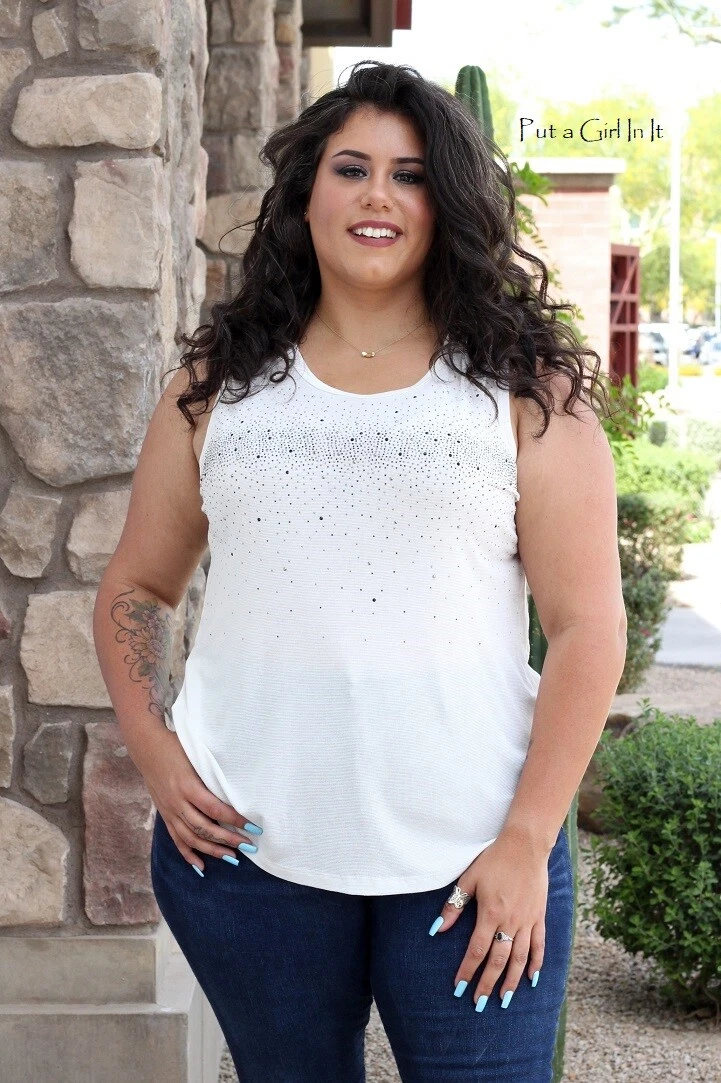 New VOCAL Womens PLUS SIZE CRYSTAL IVORY BLING TANK TUNIC SHIRT TOP 1X 2X 3X