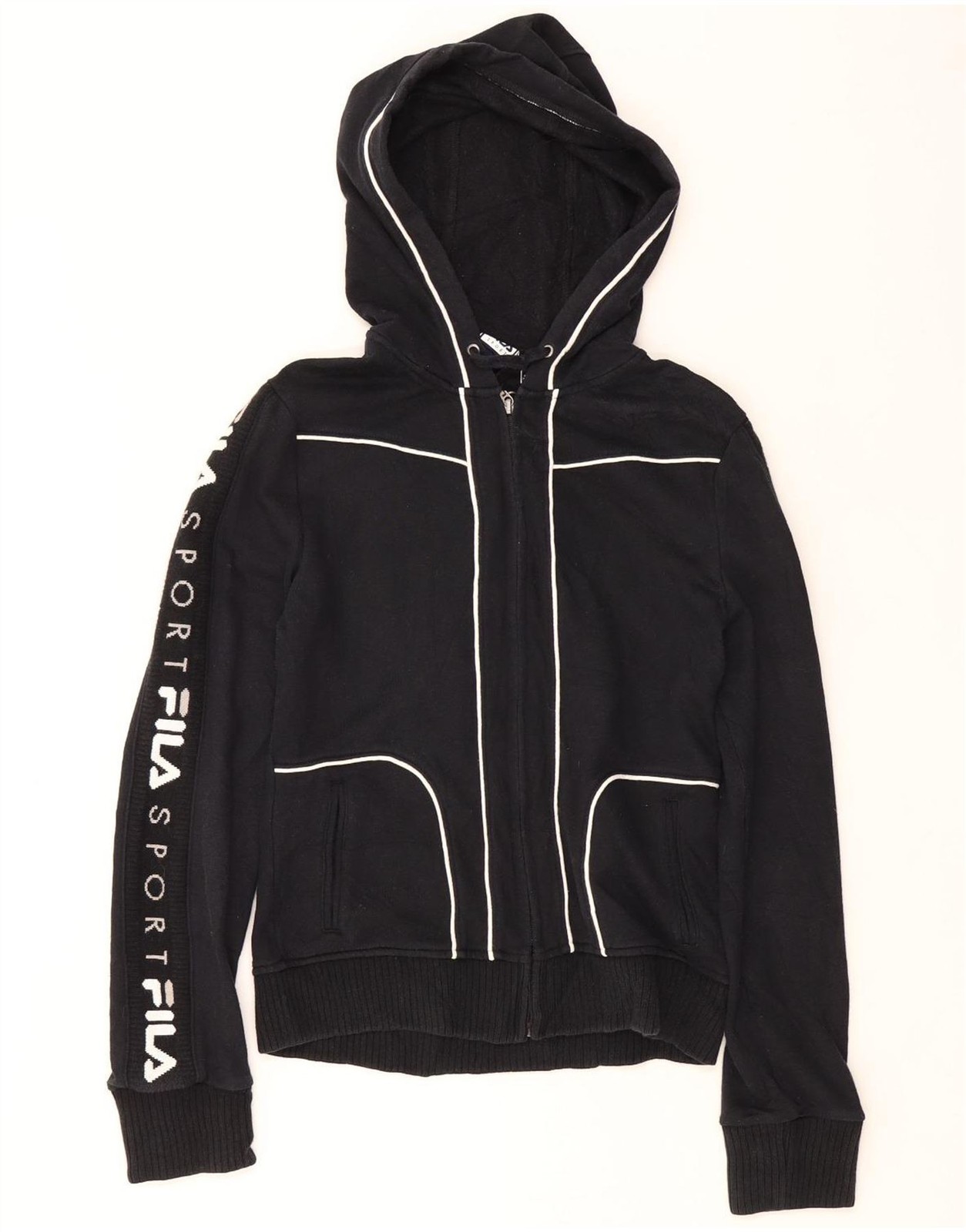 Felpa donna FILA grafica con cappuccio zip UK 10 piccola nera cotone TY03