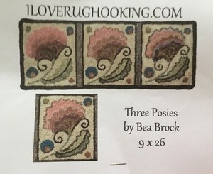 Three Posies by Bea Brock.  Rug Hooking Pattern On Linen 9” X 26”.