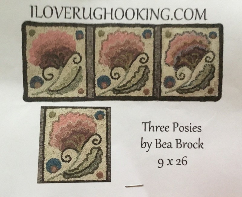 Three Posies by Bea Brock.  Rug Hooking Pattern On Linen 9” X 26”.
