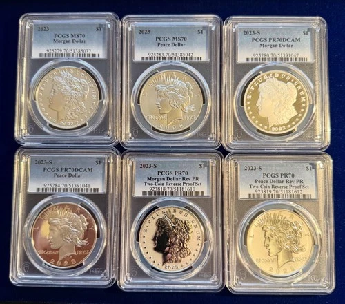 2023 MORGAN AND PEACE SILVER DOLLARS, 6-COIN SET, PCGS MS/PF/PR-70, SHIPS FREE