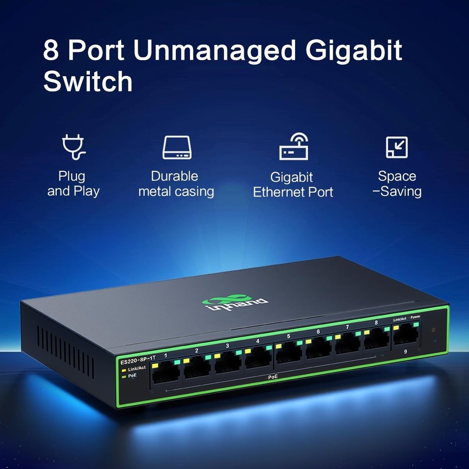 9 Ports Gigabit Network Switch w/ 8 PoE+ Ports Max.120W each port 30w ...