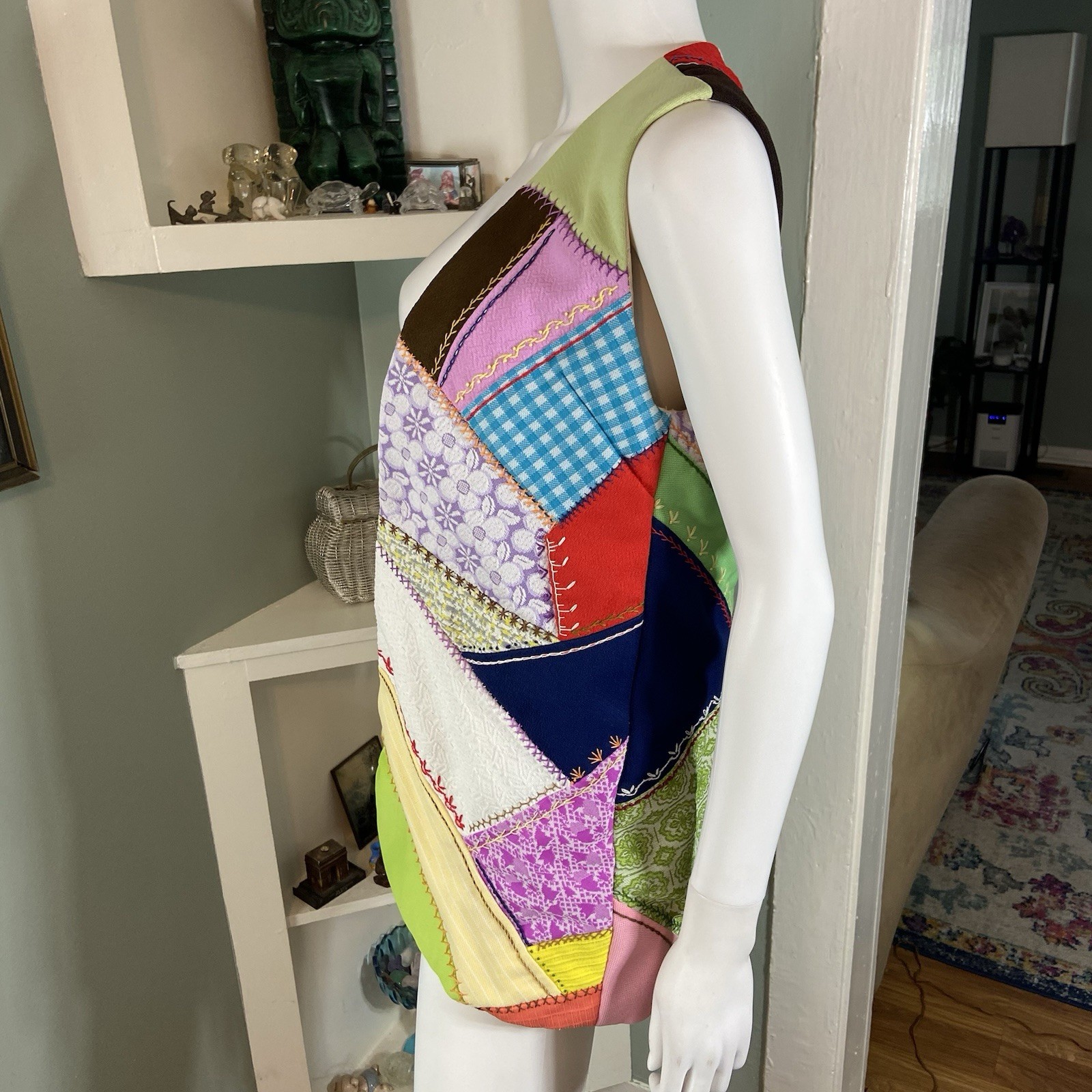 Vintage 60s 70s Polyester Patchwork Crazy Quilt V… - image 4