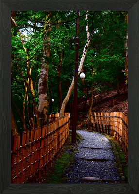 Japanischer Gartenweg mit Bambusfe gerahmtes Wandbild Poster Leinwanddruck Bild