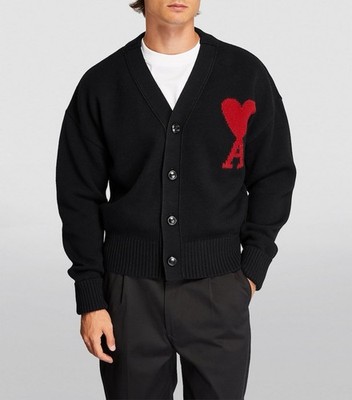 BLACK WOOL CARDIGAN WITH CONTRASTED AMI DE COEUR Cardigan in felted merino
