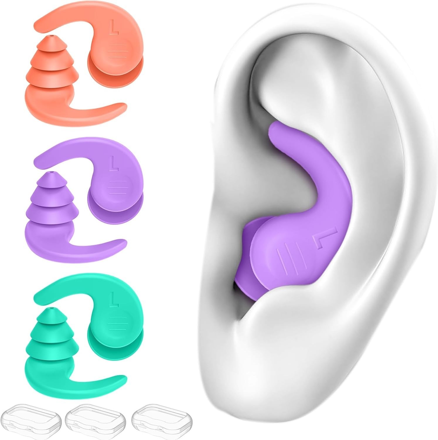 Lightweight Silicone Ear Plugs for Swimming, Surfing & Snorkeling - 3-Pair Set