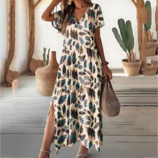Split V-Neck Floral Printed Casual Summer Dress for Women Mid-Calf Length