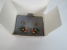 Vintage Enamel Christmas Holly Bell and Wreath Earrings 80s Avon Rhinestone