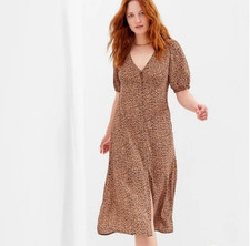 Gap Puff Sleeve Button Front Midi Dress 100% Rayon Animal Print Size 20