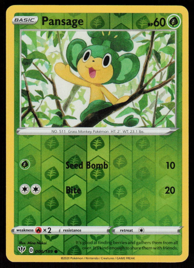 Pansage 006/189 Common Darkness Ablaze Pokemon Reverse Holo Lightly Played