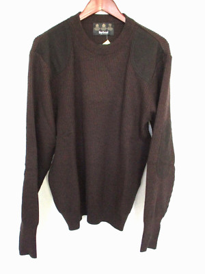 Barbour Mens Sporting Sweater Large Brown Wool Suede Elbow & Shoulder Patches
