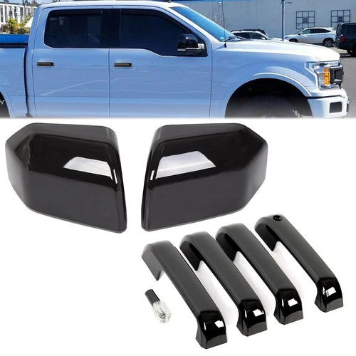 For 2015-2020 Ford F150 GLOSS BLACK Top Half Mirror + Door Handle Covers F-150