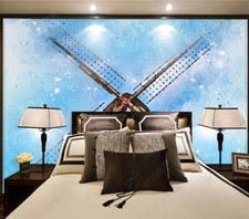 3D Windmill Watercolor Self-adhesive Removeable Wallpaper Wall Mural