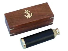 Nautical Solid Brass -Leather Captain's Spyglass Telescope 15" with Rosewood Box