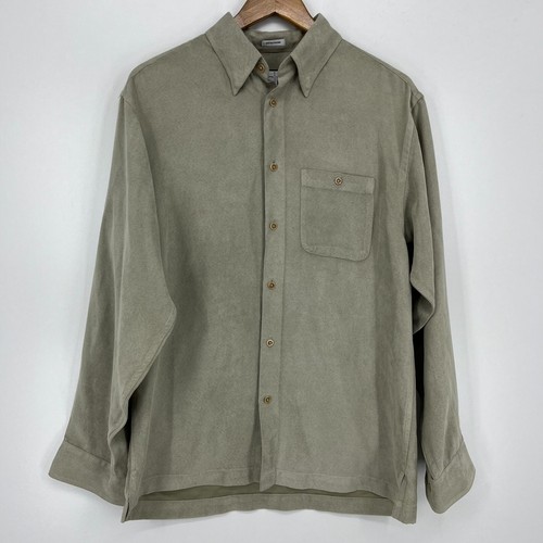 Geoffrey Beene Langarm Hemd mit Knöpfen Herren M Beige Micro Suede Polyester
