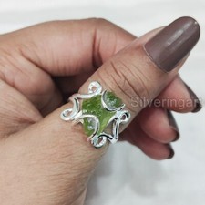 NATURAL RAW PERIDOT AUGUST GEMSTONE 925 STERLING SILVER HIPPIE WIRE WOMENS RING
