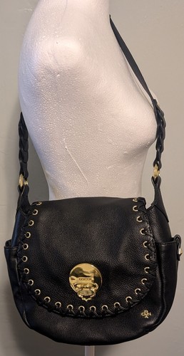 ORYANY Black Crossbody Bag Pebbled Leather Flap Saddlebag Whipstitch Gold Accent