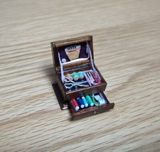 1/12, dolls house miniature Sewing Box with drawer & Scissors wood Haberdashery
