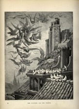 1880 STAMPA Antica = AVVOLTOI E PICCIONI = FAVOLE di LA FONTAINE di G. DORÉ