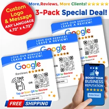 3-Pack Custom Logo Google Review Tap Plate | XL Display Sign | NFC + QR | Glossy