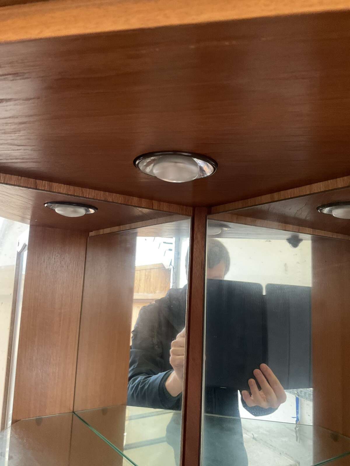 retro corner teak,”sutcliffes” , glass door & shelves