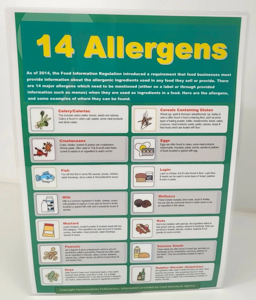 14 Food Allergens Sign Safer Food Better Business SFBB Poster Laminated x 1