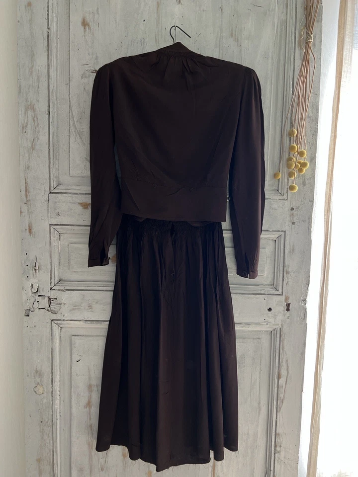 Conjunto blusa PLISADA falda vintage francesa mujer acetato marrón c1940 Foto 3 de 4