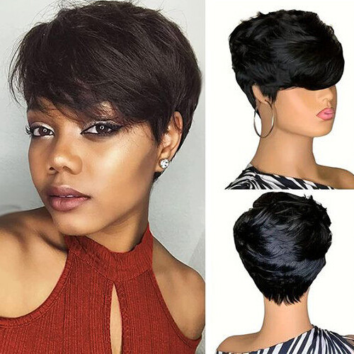 Black Pixie Cut Human Hair Wigs With Bangs Daily Wear  display picture 3
