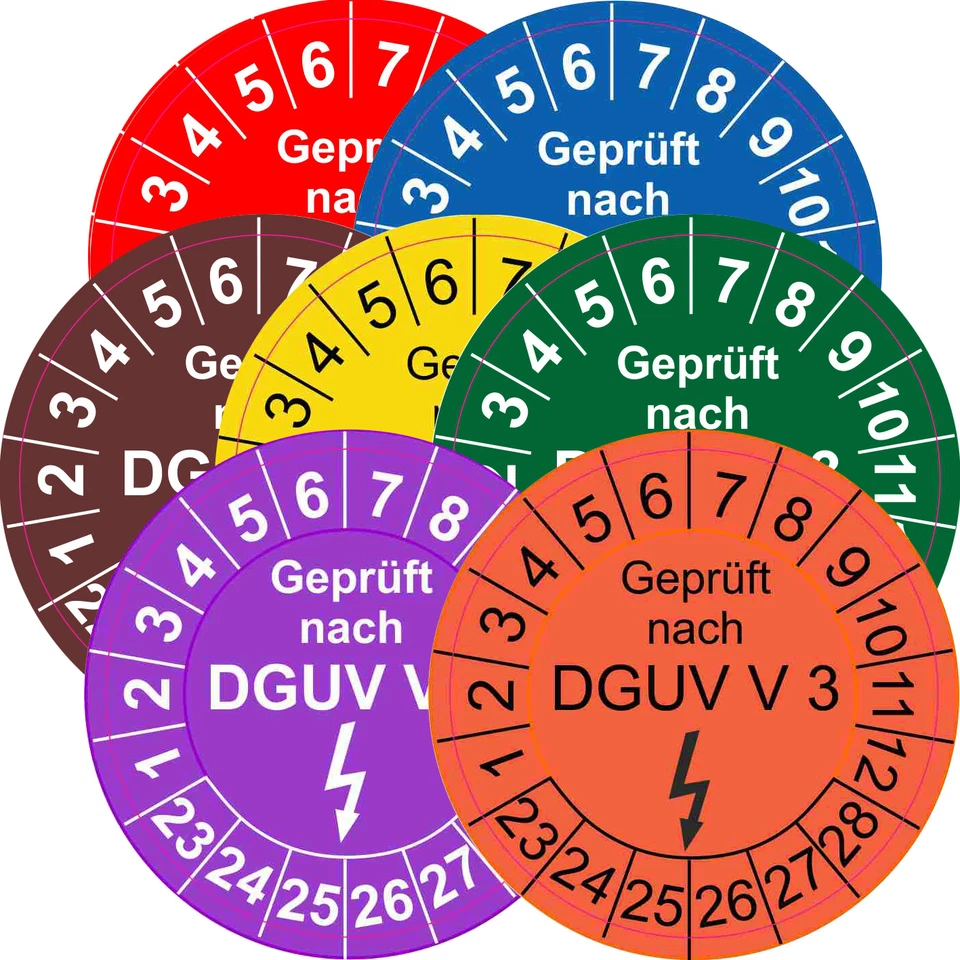 DIGITALPRINT ORAFOL GLANZ FOLIE Aufkleber Prüfplaketten Geprüft nach DGUV V3 ab 2023 GELB MATT