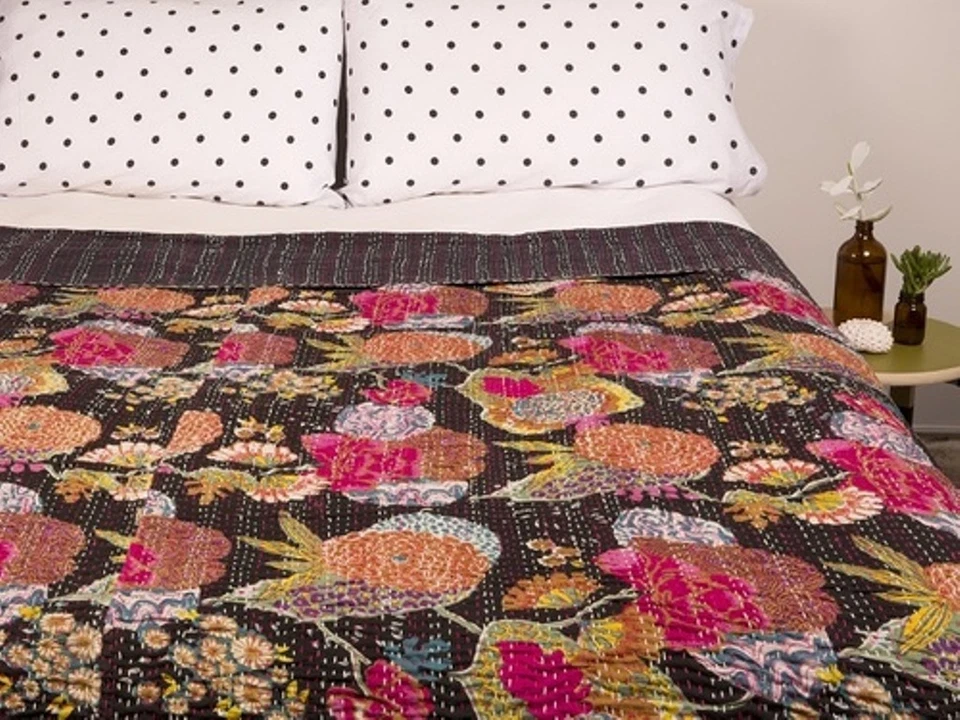 Colcha india hecha a mano con estampado floral doble Kantha manta de algodón Gudari Foto 4 de 4