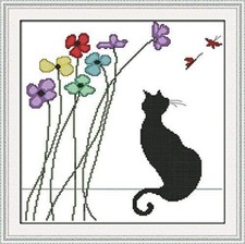 Happy Forever 11CT Stamped Cross Stitch, K487 Black cat and Flowers, Size 16x16'