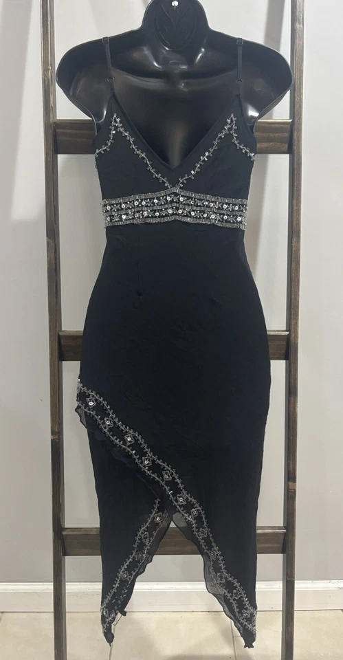 Vestido sin Mangas Vintage Venus Años 90 2000 Y2K Seda Floral Cuentas Negro Formal Baile de graduación Foto 2 de 4