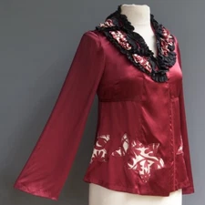 Mark Jacobs Burgundy Silk Charmeuse Top Jacket Ruffled Collar Floral Applique 8