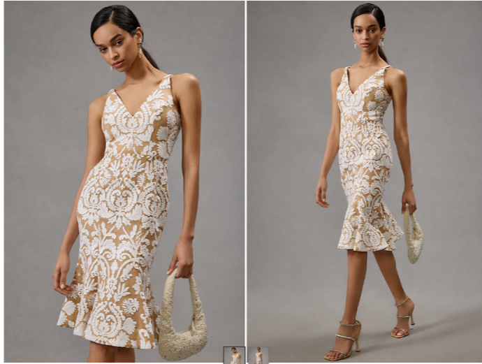 DRESS the POPULATION White Nude Lace Isabelle V-Neck Fluted Cocktail Midi M  6/8