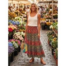 Kathryn Deene Vintage Red Blue Floral Boho Festival Flowy Tiered Maxi Dress Sz L