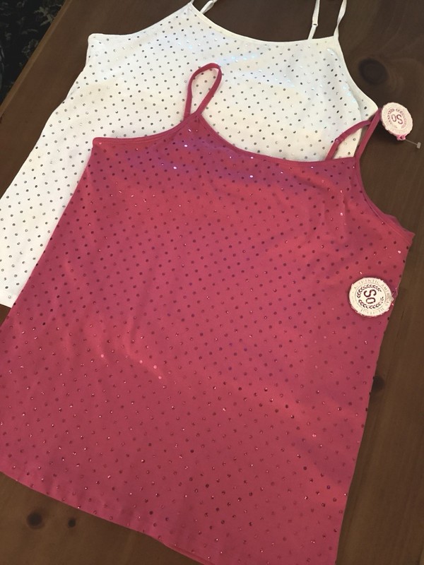Two Girls “SO” Strappy Tanks W/Disco Dots Size 18-1/2 White & Pink Built In Bra